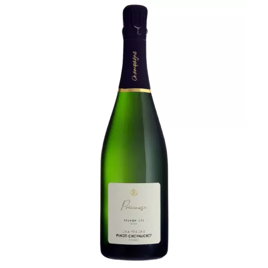 Botella de champán Pinot Chevauchet Précieuse, etiqueta blanca y tapón negro, vista frontal
