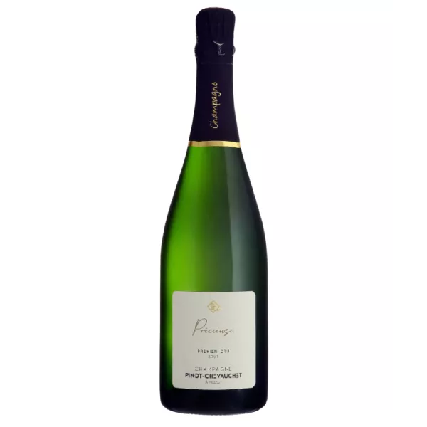 Botella de champán Pinot Chevauchet Précieuse, etiqueta blanca y tapón negro, vista frontal