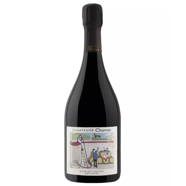 Botella de Champagne Chavost Rosé de Saignée Brut Nature, vista frontal, etiqueta ilustrada