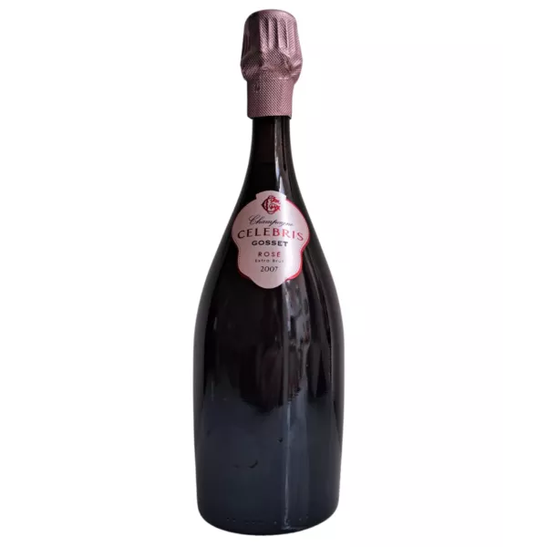 Botella de Champagne Gosset Célébris 2007 Rosé, vista frontal, tapón rosa