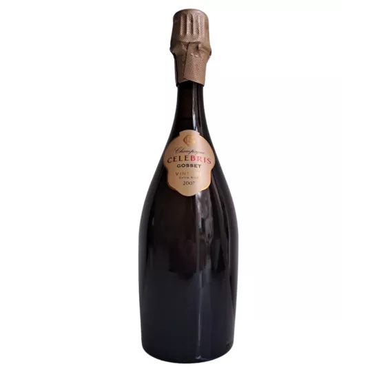 Botella de Champagne Gosset Célébris 2007 Extra-Brut, vista frontal, etiqueta dorada sobre fondo negro