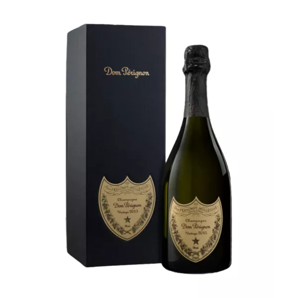 Botella de champán Dom Pérignon Millésime 2015, vista frontal con etiqueta dorada