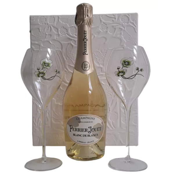 Botella de champán Perrier-Jouët Blanc de Blancs 75cl con dos copas, vista frontal