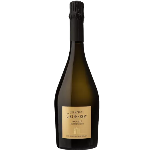 Botella de Champagne René Geoffroy Volupté 2017, Blanc de Blancs Premier Cru, vista frontal.