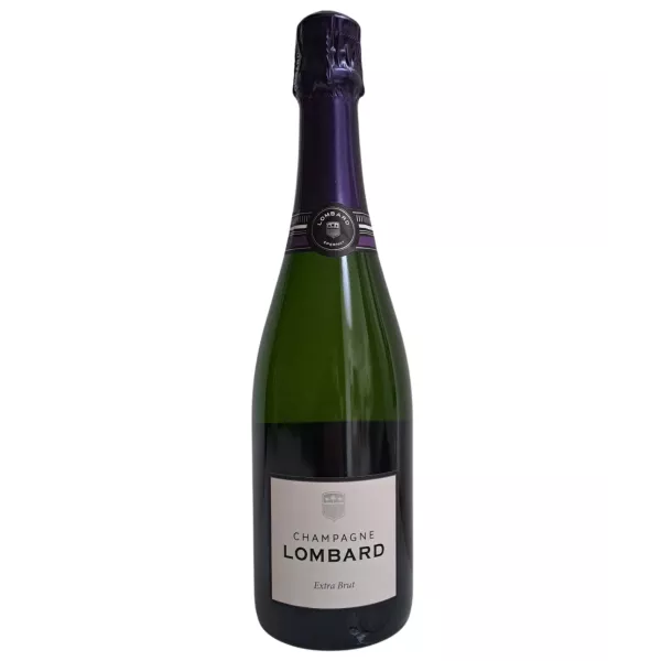 Botella de Champagne Lombard Cuvée Signature Extra-Brut, tapón morado, etiqueta blanca, vista frontal