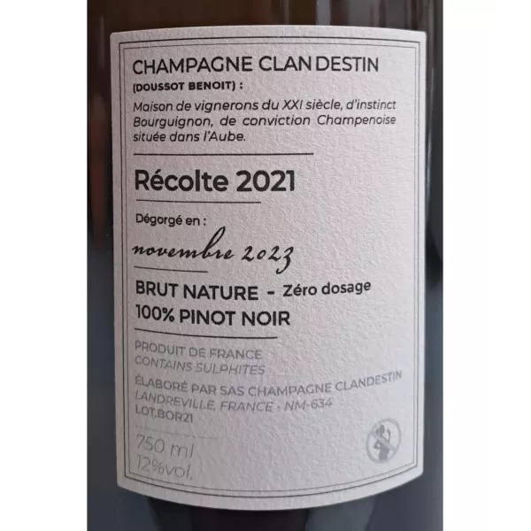 Etiqueta de la botella de Champagne Clandestin Boréal 2021