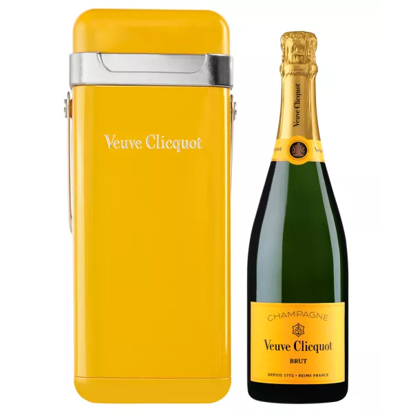 Botella de champán Veuve Clicquot con estuche isotérmico amarillo, vista frontal