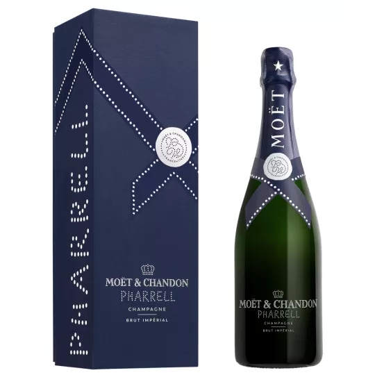 Botella de champán Moët & Chandon Brut Impérial Édition Pharrell Williams, vista frontal, con estuche exclusivo