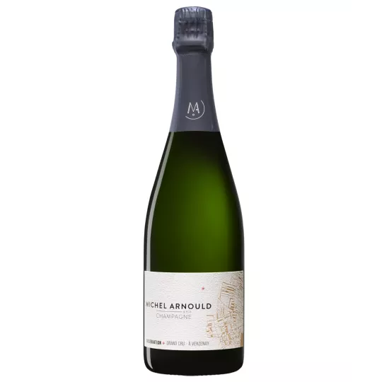Botella de Champagne Michel Arnould Observation Grand Cru, vista frontal, etiqueta negra y dorada