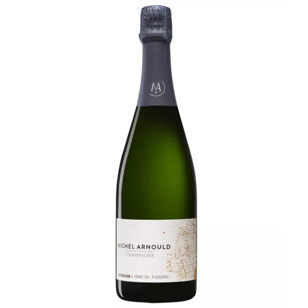 Botella de Champagne Michel Arnould Observation Grand Cru, vista frontal, etiqueta negra y dorada