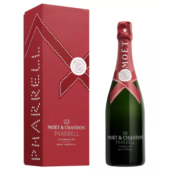 Botella de champán Moët & Chandon x Pharrell Williams Limited Edition Brut Impérial, rojo burdeos, vista frontal