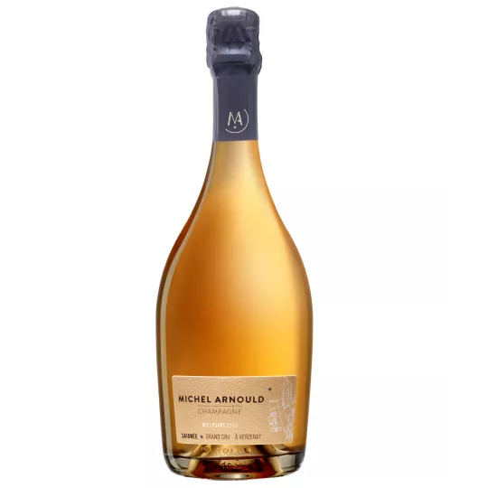 Champagne Michel Arnould Rosé Saignée 2018, botella transparente, color rosa intenso, vista frontal