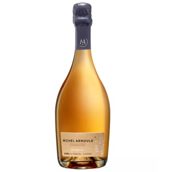 Champagne Michel Arnould Rosé Saignée 2018, botella transparente, color rosa intenso, vista frontal