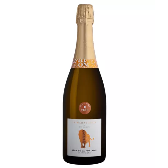 Botella de Champagne Jean de la Fontaine La Majestueuse Brut Millésime 2017, vista frontal.