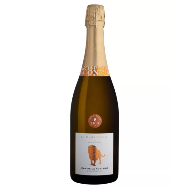 Botella de Champagne Jean de la Fontaine La Majestueuse Brut Millésime 2017, vista frontal.