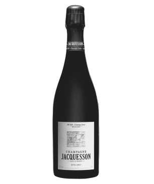 Botella de Champagne Jacquesson Avize Champ Caïn 2013, vintage Grand Cru Blanc de Blancs sobre fondo blanco.