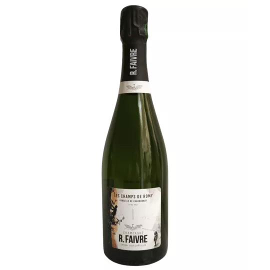 Contraetiqueta de la botella de Champagne R.Faivre Les Champs de Romy - Blanc de Blancs Extra Brut