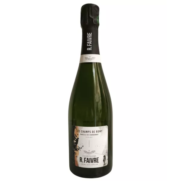 Contraetiqueta de la botella de Champagne R.Faivre Les Champs de Romy - Blanc de Blancs Extra Brut