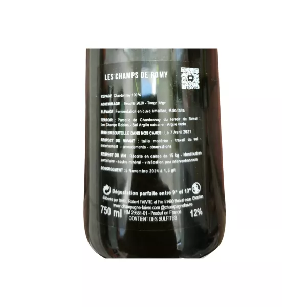 Contraetiqueta de la botella de Champagne R.Faivre Les Champs de Romy - Blanc de Blancs Extra Brut