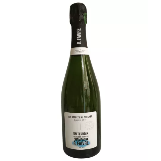 Botella de Champagne R.Faivre Les Reflets du Clocher Extra Brut, etiqueta blanco-negro, 750 ml.