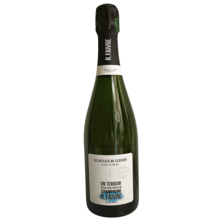 Botella de Champagne R.Faivre Les Reflets du Clocher Extra Brut, etiqueta blanco-negro, 750 ml.