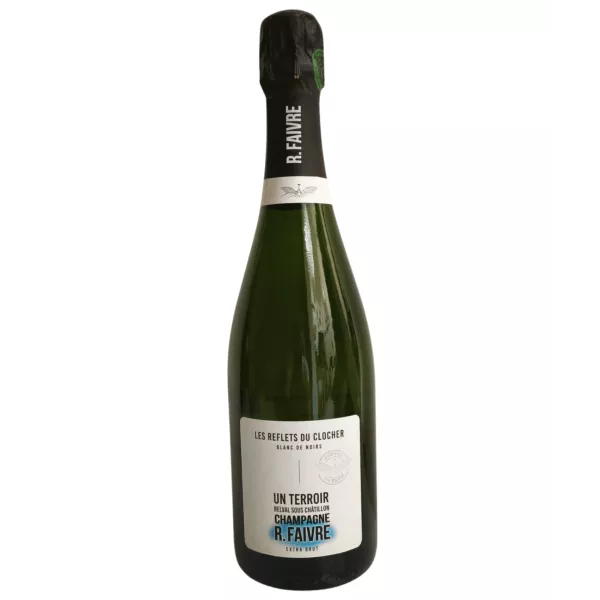 Botella de Champagne R.Faivre Les Reflets du Clocher Extra Brut, etiqueta blanco-negro, 750 ml.