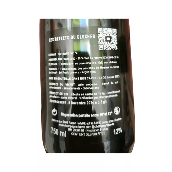 Contraetiqueta Botella de Champagne R.Faivre Les Reflets du Clocher Extra Brut, etiqueta blanca-negra, 750 ml.