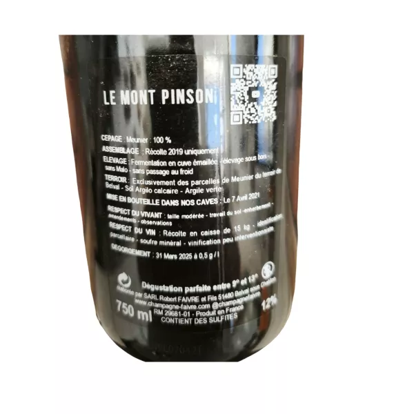 Contraetiqueta de la botella de Champagne R.Faivre Le Mont Pinson - Pinot Meunier, color rosado, cuvée extra-brut.