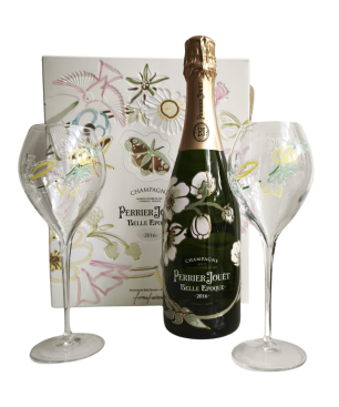 Estuche Champagne Perrier-Jouët Belle Époque 2016 con 2 elegantes copas - Botella y copas Art Nouveau