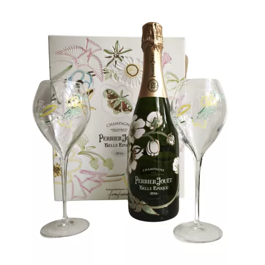 Estuche Champagne Perrier-Jouët Belle Époque 2016 con 2 elegantes copas - Botella y copas Art Nouveau