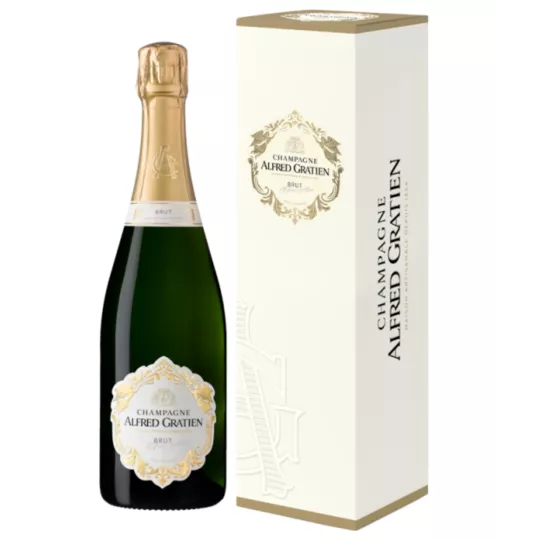 Botella de Champagne Alfred Gratien Brut Classique - una cuvée elaborada con uvas Chardonnay, Pinot Noir y Meunier, vinificada e