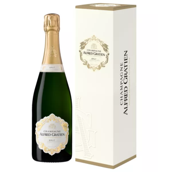 Botella de Champagne Alfred Gratien Brut Classique - una cuvée elaborada con uvas Chardonnay, Pinot Noir y Meunier, vinificada e