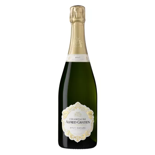 Botella de Champagne Alfred Gratien Brut Nature, una cuvée de dosage cero vinificada en barricas de roble en Épernay.
