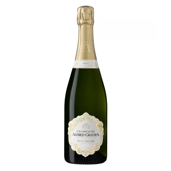 Botella de Champagne Alfred Gratien Brut Nature, una cuvée de dosage cero vinificada en barricas de roble en Épernay.
