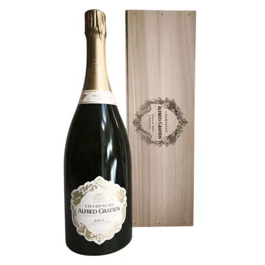 Champagne Magnum Alfred Gratien Brut 150 cl en estuche de madera - vinificación en barricas de roble, Chardonnay, Pinot Noir y M