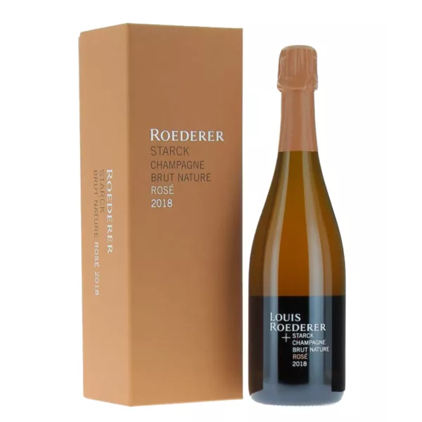 Botella de Champagne Louis Roederer Brut Nature Rosé 2018 de Philippe Starck, rosado pálido, edición vintage sin dosificar.