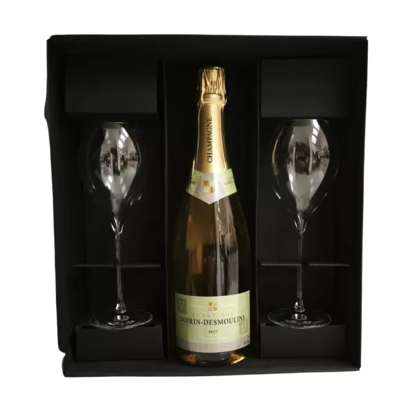 Coffret champagne Blanc de blancs Voirin-Desmoulin avec 2 flûtes Lehmann