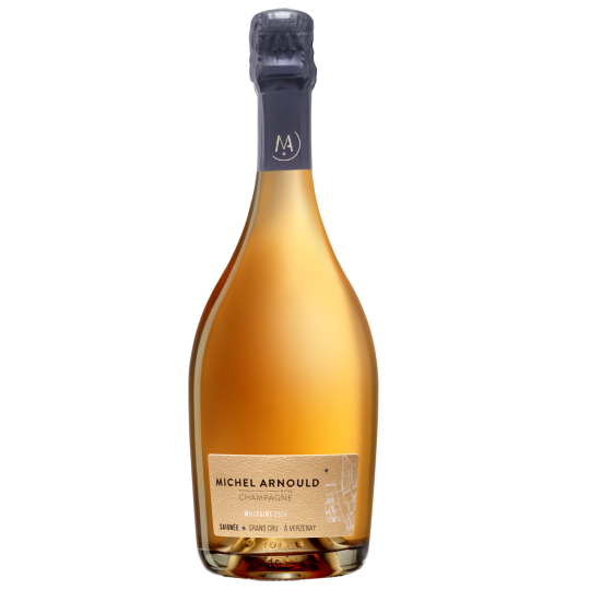 Champagne Michel Arnould Rosé Saignée 2018, botella transparente, color rosa intenso, vista frontal