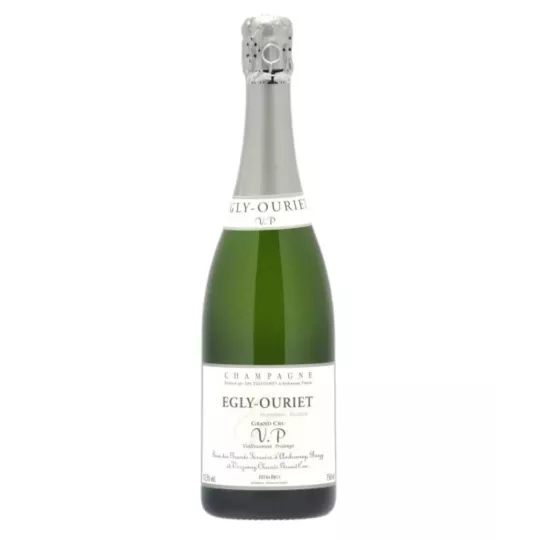 Botella de champán Egly-Ouriet Grand Cru VP Extra-Brut, etiqueta frontal, envejecimiento prolongado.