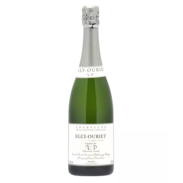 Botella de champán Egly-Ouriet Grand Cru VP Extra-Brut, etiqueta frontal, envejecimiento prolongado.