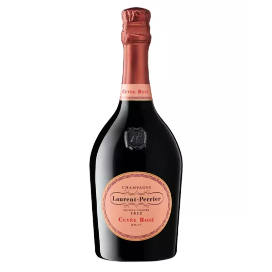 Botella de champán rosado Laurent-Perrier Cuvée Rosé, 100 % Pinot Noir con aromas de frutos rojos frescos y estilo elegante.