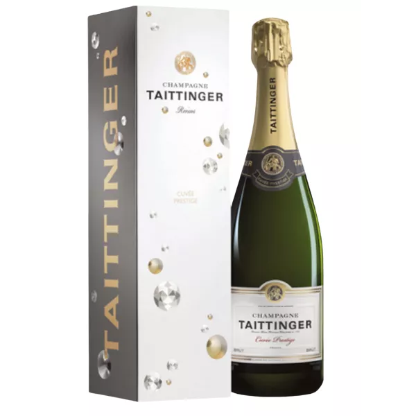 Botella de Champagne Taittinger Brut Prestige, vista frontal, etiqueta blanca y dorada