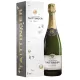Botella de Champagne Taittinger Brut Prestige, vista frontal, etiqueta blanca y dorada