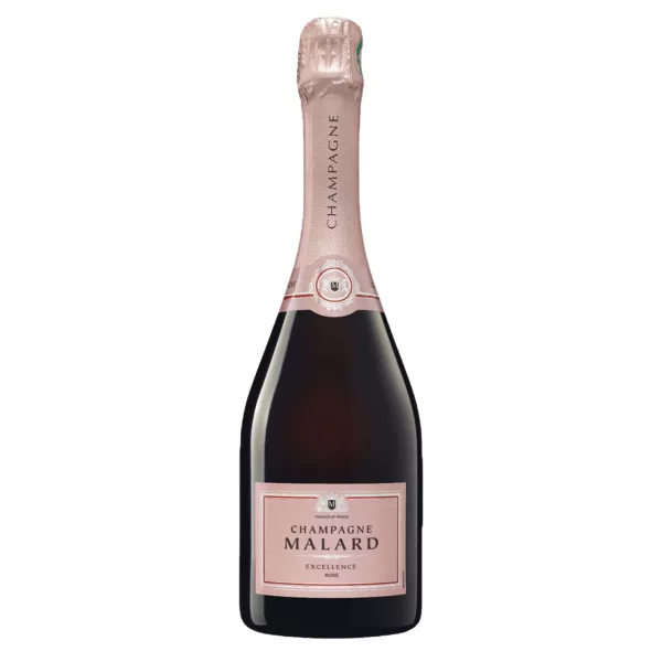 Botella de Champagne Malard Rosé Excellence - Vino base rosado elaborado con uvas Pinot Noir y Chardonnay maduradas durante larg