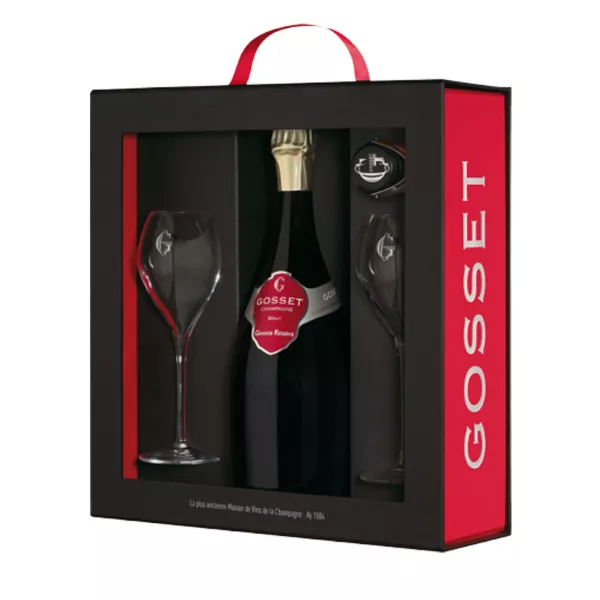 Botella de Champagne Gosset Grande Réserve Brut 75cl, etiqueta roja, vista frontal