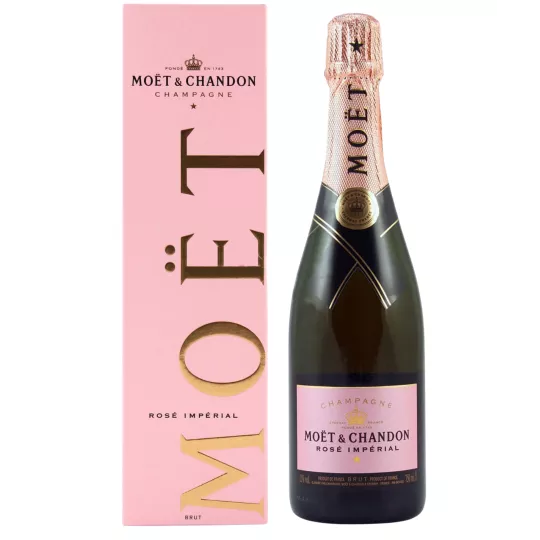 Botella de Champagne Moët & Chandon Rosé Impérial, vista frontal, etiqueta rosa y tapón a juego