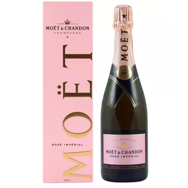 Botella de Champagne Moët & Chandon Rosé Impérial, vista frontal, etiqueta rosa y tapón a juego