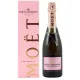 Botella de Champagne Moët & Chandon Rosé Impérial, vista frontal, etiqueta rosa y tapón a juego