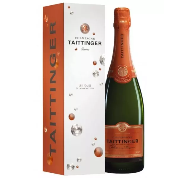 Botella de Champagne Taittinger Folies de la Marquetterie, etiqueta de cobre, vista frontal