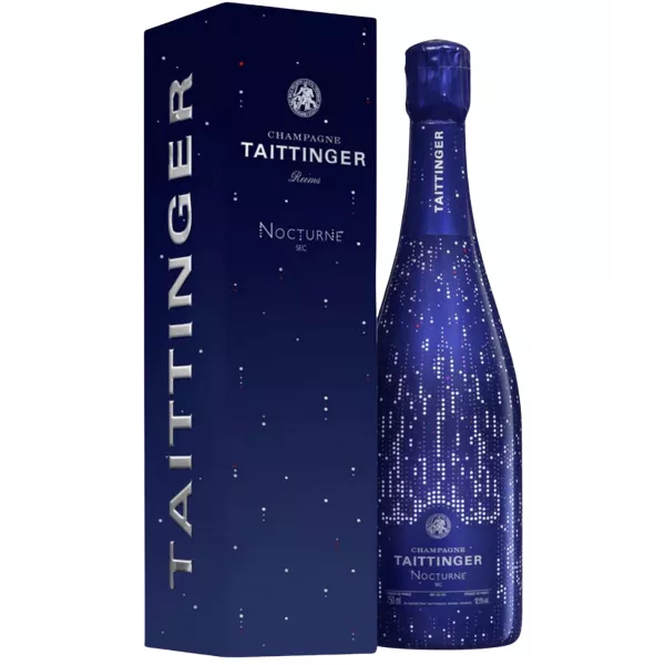 Botella de champán Taittinger Nocturne, etiqueta morada, vista frontal